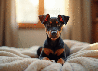 Chiot Doberman assis sur une couverture intérieure