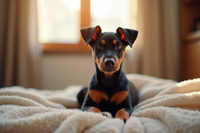 Chiot Doberman assis sur une couverture intérieure