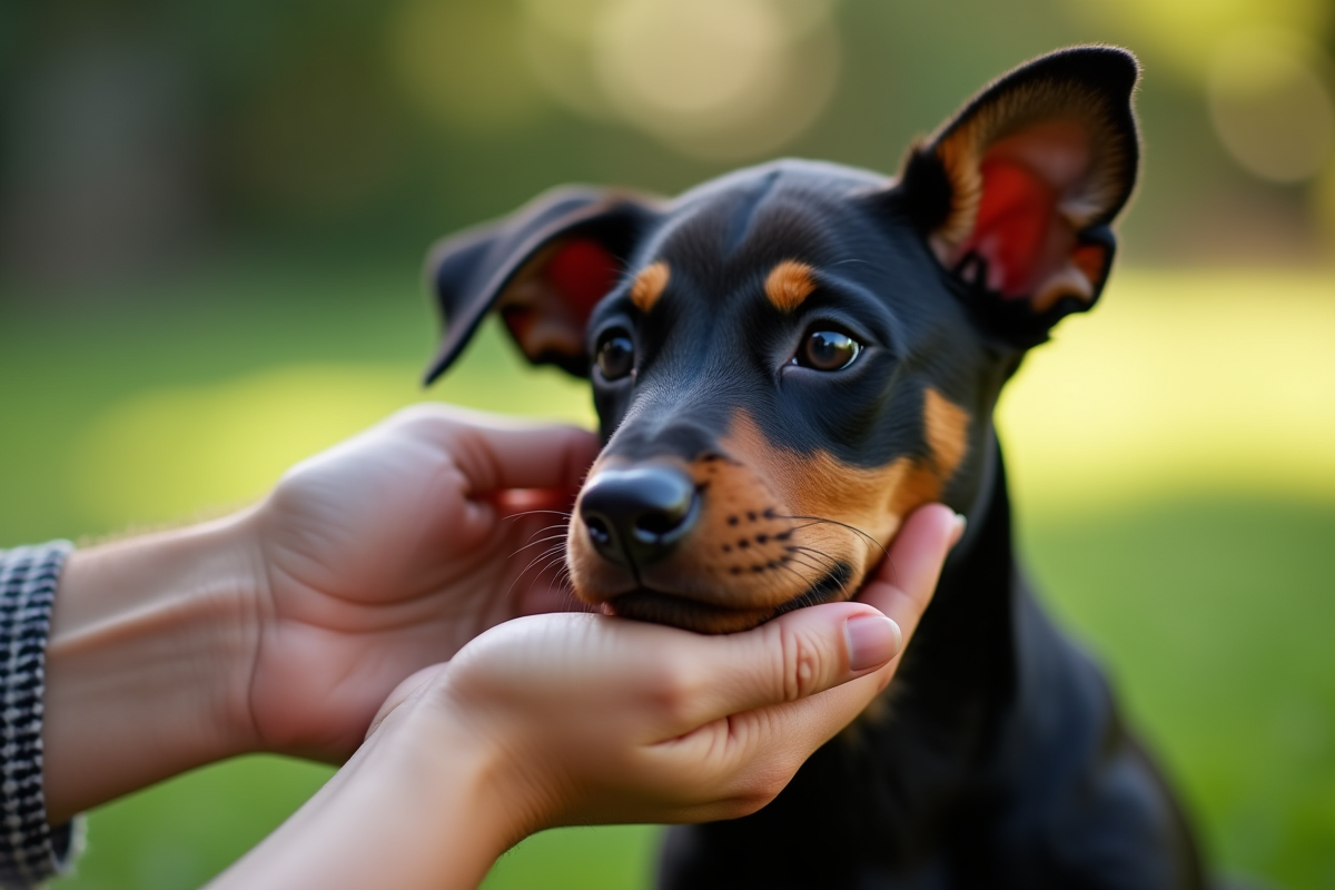 Chiot Doberman caressé dans un jardin en extérieur