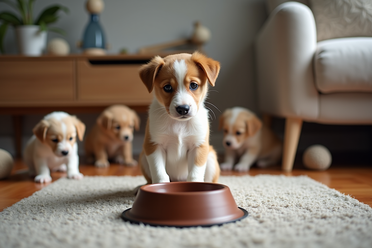 Chiot femelle confiante assise sur tapis en intérieur