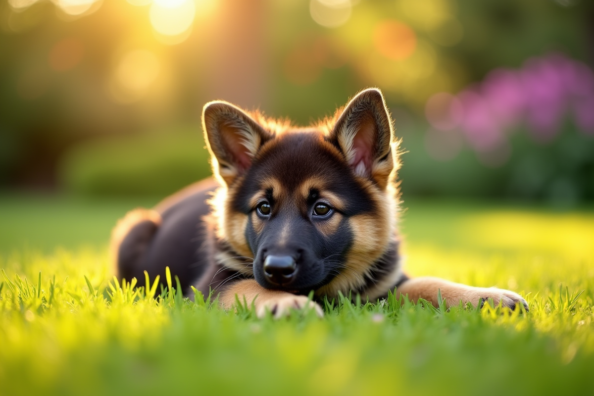 Chiot berger allemand jouant dans un jardin ensoleille