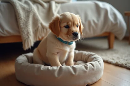 Chiot golden retriever de 8 semaines dans un lit douillet