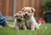 Chiot mâle joueur avec regard expressif dans le jardin