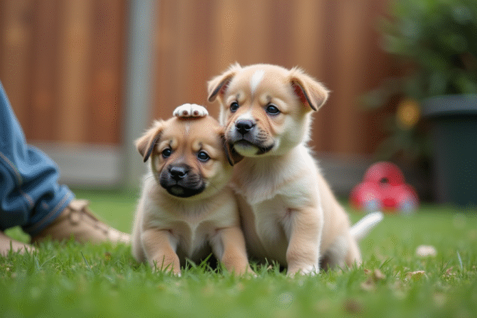 Chiot mâle joueur avec regard expressif dans le jardin