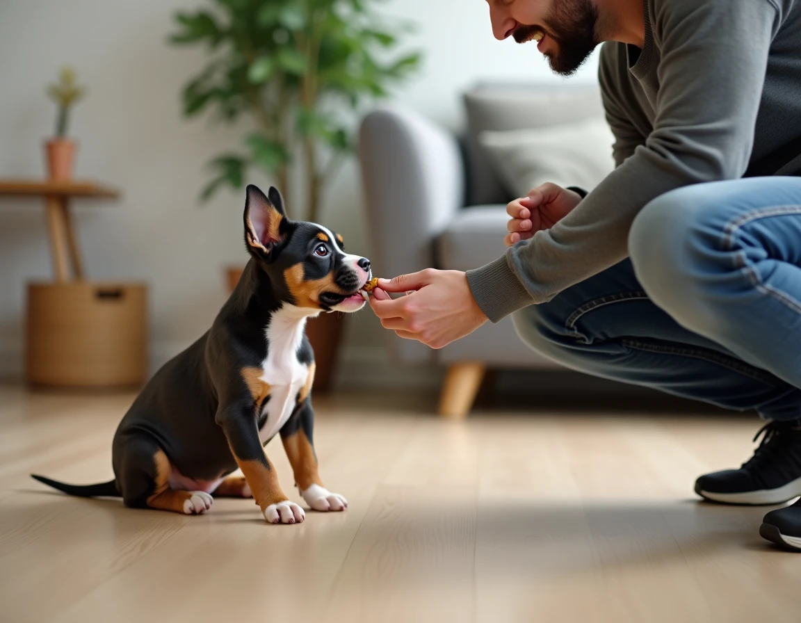 Chiot Pocket American Bully recevant une friandise lors d'un entraînement à domicile, illustrant la socialisation précoce et l'éducation positive du chien