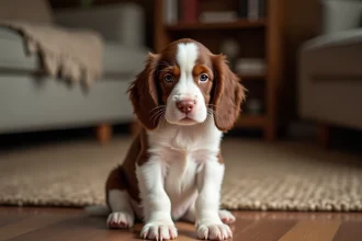 Chiot Springer anglais de 8 semaines assis sur un plancher en bois dans un intérieur chaleureux, avec ses grandes oreilles tombantes et son pelage blanc et marron