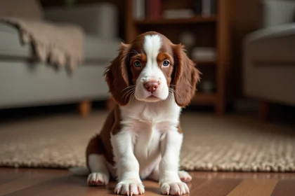 Chiot Springer anglais de 8 semaines assis sur un plancher en bois dans un intérieur chaleureux, avec ses grandes oreilles tombantes et son pelage blanc et marron