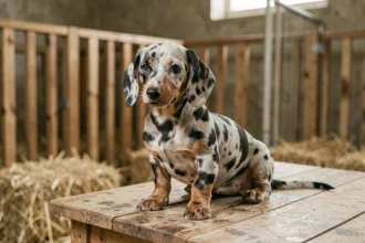Chiot teckel arlequin aux motifs merle distinctifs assis dans un élevage français propre et soigné