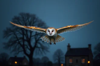 Chouette effraie en plein vol au crépuscule au-dessus d'une campagne, ailes déployées avec détail des plumes visibles, ciel nocturne bleu foncé en arrière-plan