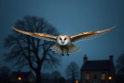 Chouette effraie en plein vol au crépuscule au-dessus d'une campagne, ailes déployées avec détail des plumes visibles, ciel nocturne bleu foncé en arrière-plan