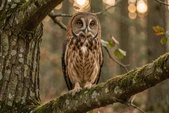 Chouette hulotte perchée sur une branche de chêne mousseuse en forêt, montrant son disque facial rond sans aigrettes