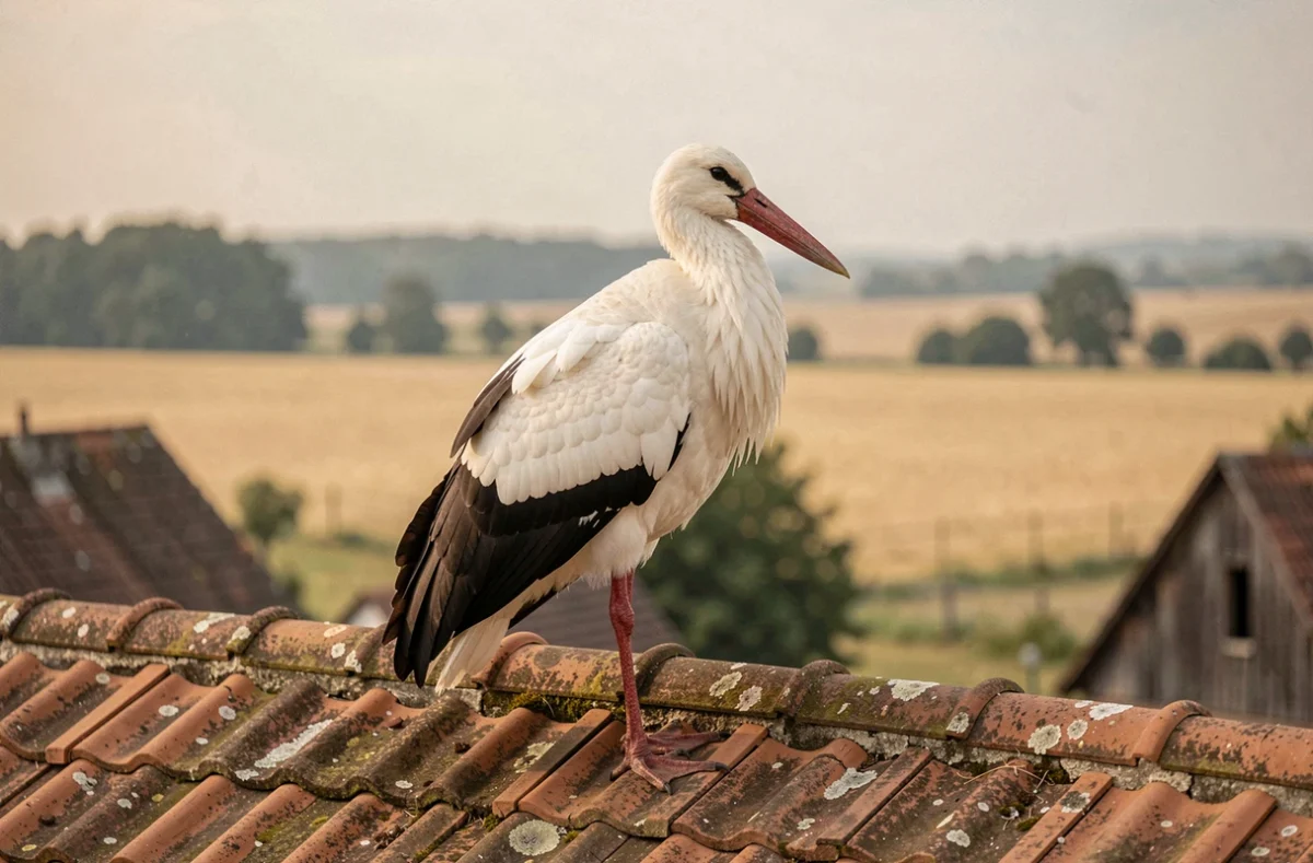 Cigogne blanche solitaire perchée sur un toit de tuiles en village rural, symbole de retour et de cycle migratoire