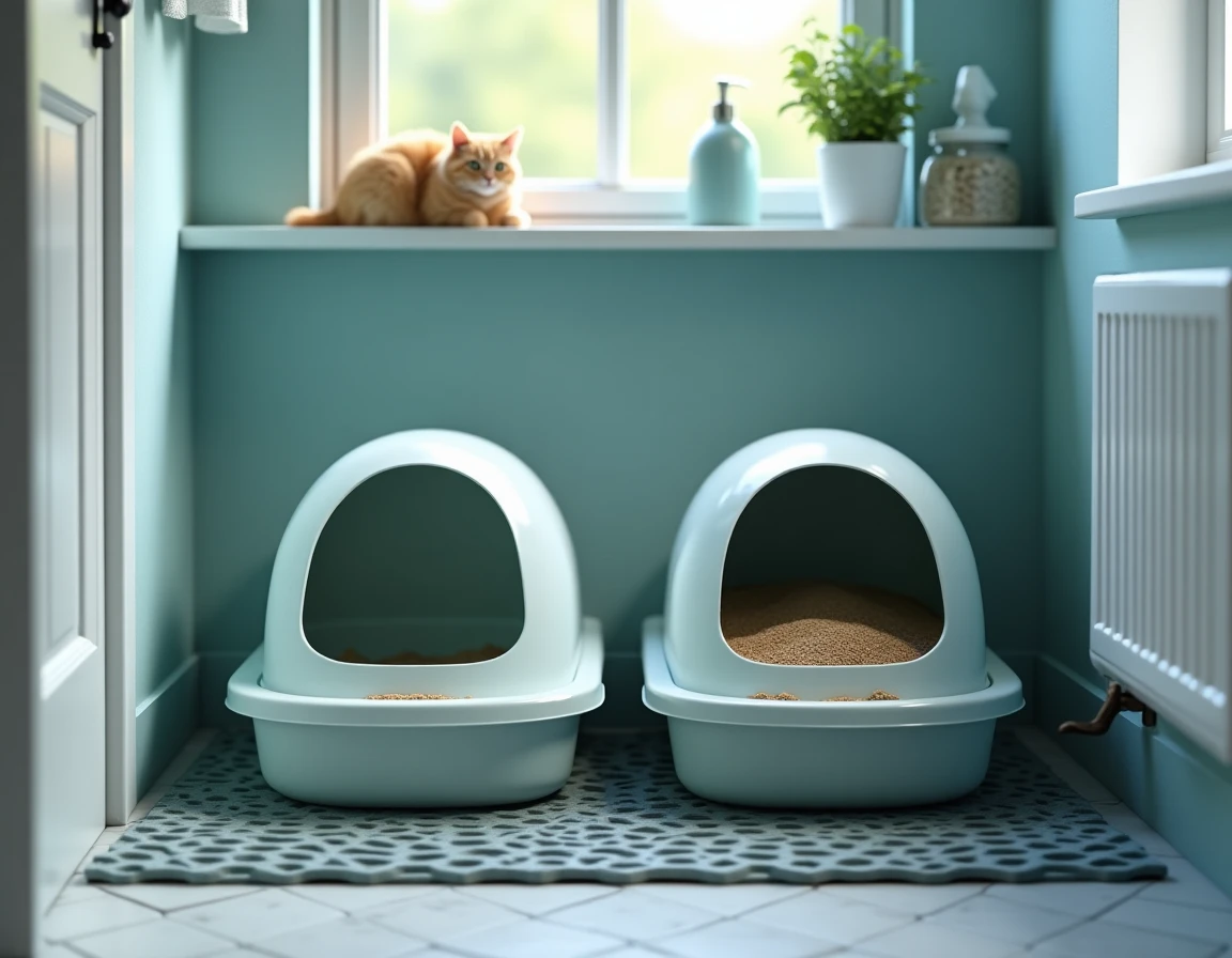 Coin salle de bain organisé avec deux bacs à litière pas chers côte à côte pour plusieurs chats