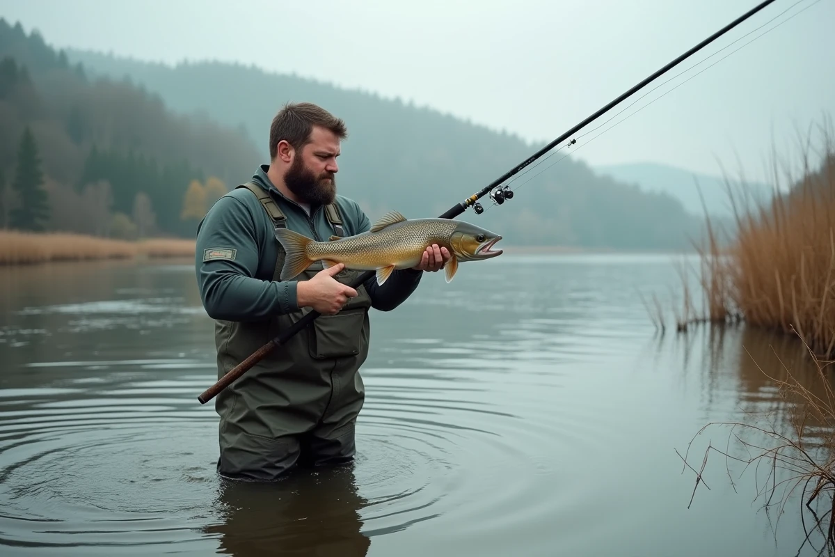 Pêcheur en action combattant un silure géant dans une rivière européenne avec une canne spéciale silure