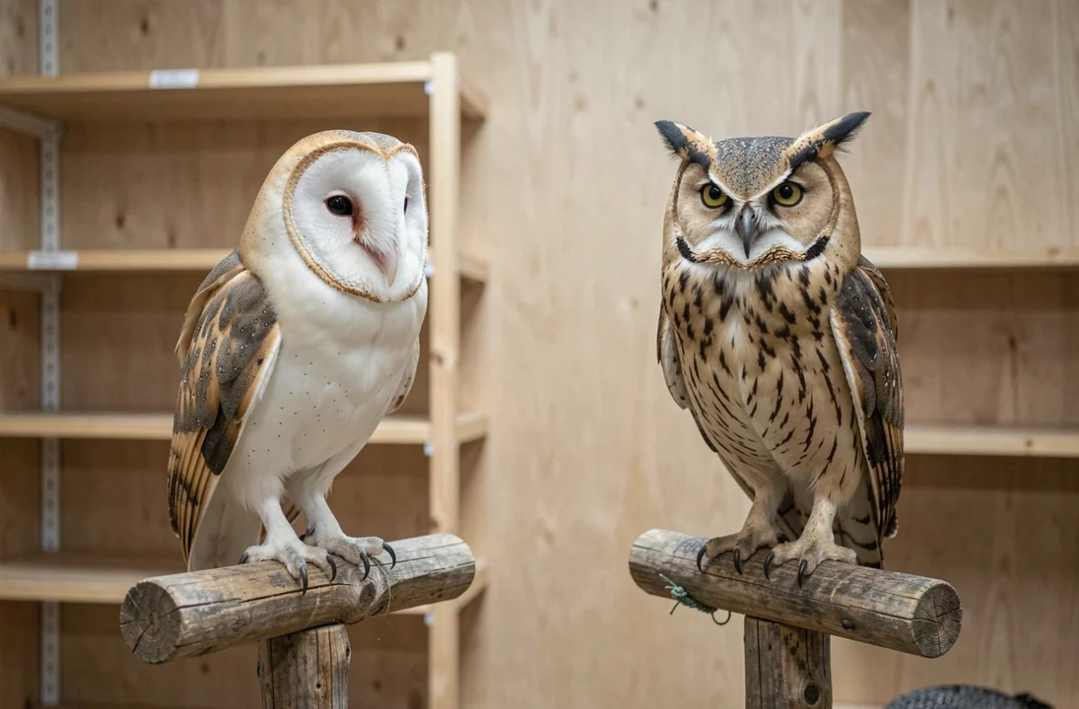Comparaison visuelle entre une chouette effraie au disque facial en cœur et un hibou des marais avec aigrettes, côte à côte sur des perchoirs en bois
