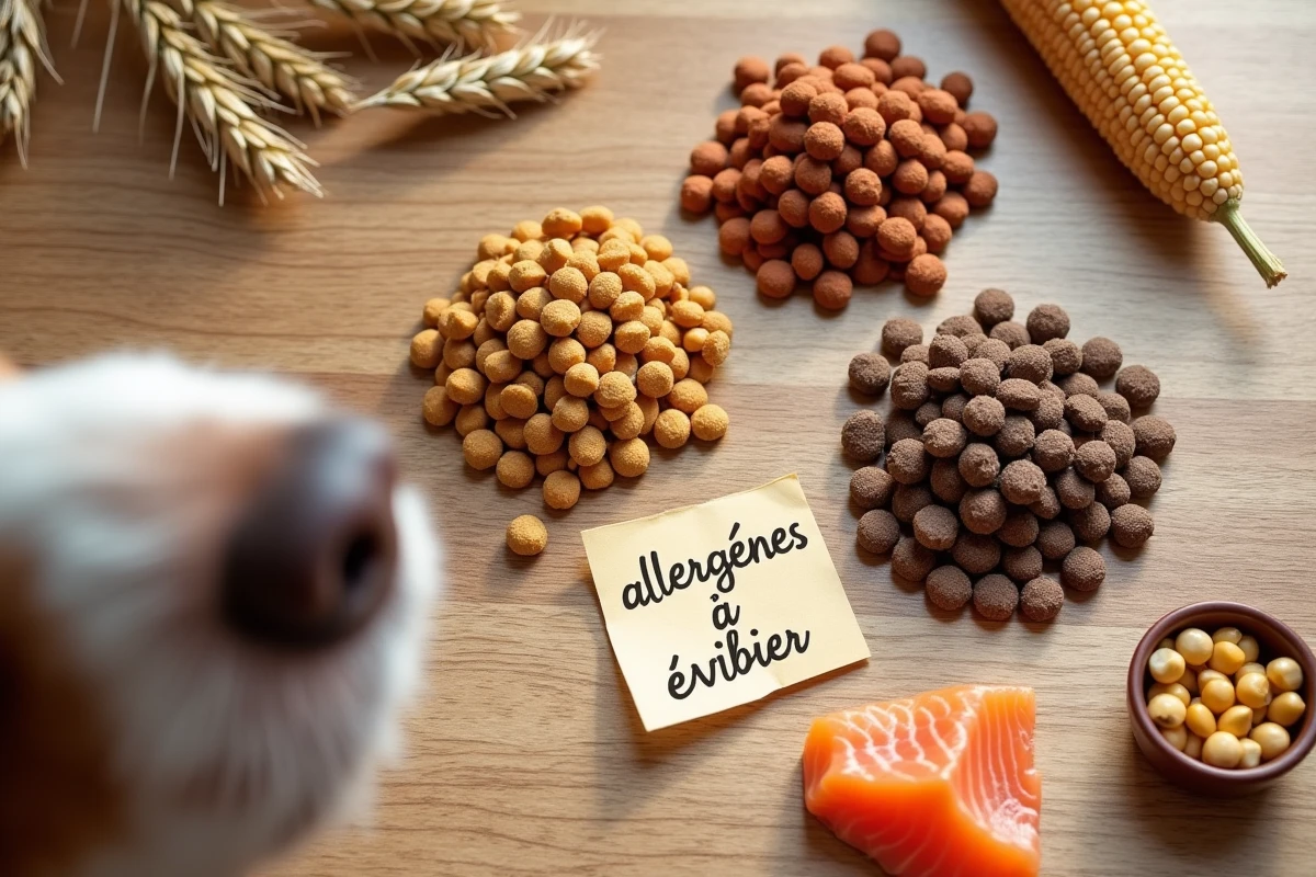 Comparaison de différentes croquettes pour chiens allergiques avec ingrédients allergènes posés sur une table en bois