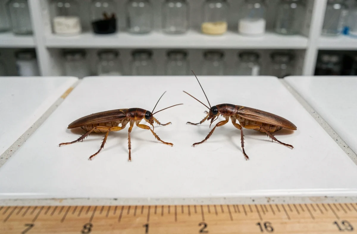 Comparaison entre une nymphe de blatte des bois et un perce-oreille sur carrelage blanc, pour identifier les insectes ressemblant au cafard