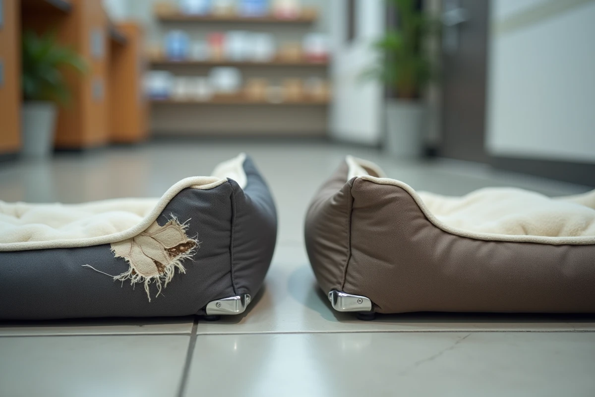 Comparaison entre un panier pour chien abîmé et un panier indestructible renforcé côte à côte