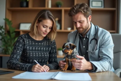 Jeune femme et vétérinaire avec un chiot teckel arlequin