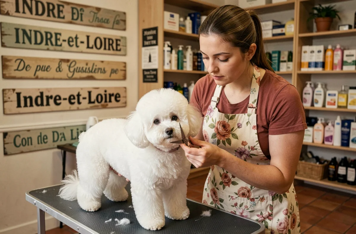 Toiletteuse professionnelle coiffant un Bichon Frisé blanc dans le salon Coquette Toilette en Indre-et-Loire