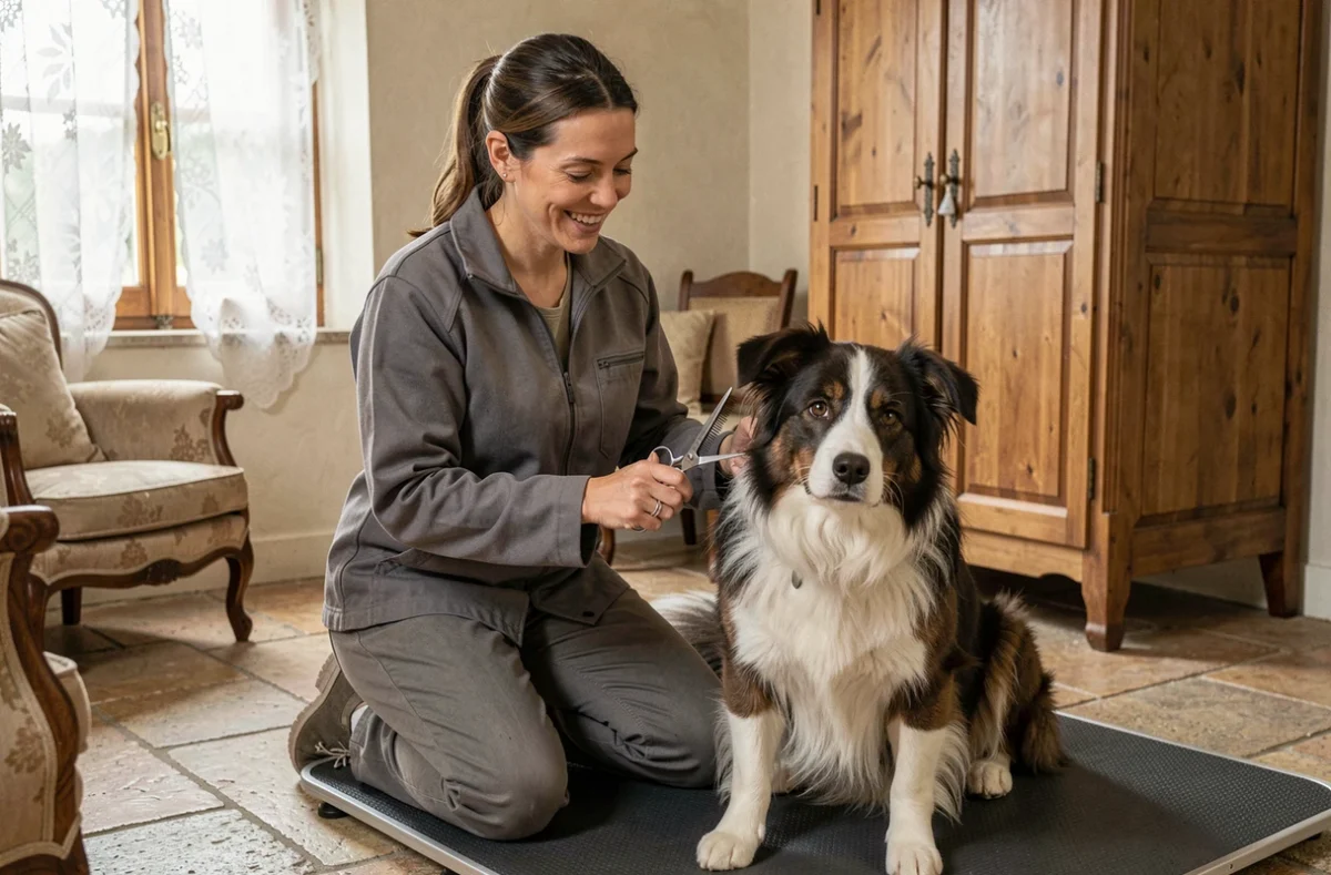 Toiletteuse à domicile soignant un border collie dans une maison à Châteauneuf-sur-Cher pour Couaf chez vous