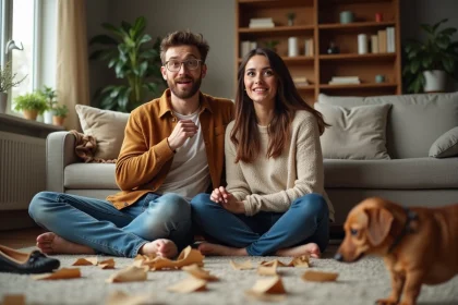 Jeune couple surpris avec leur chiot dachshund à la maison