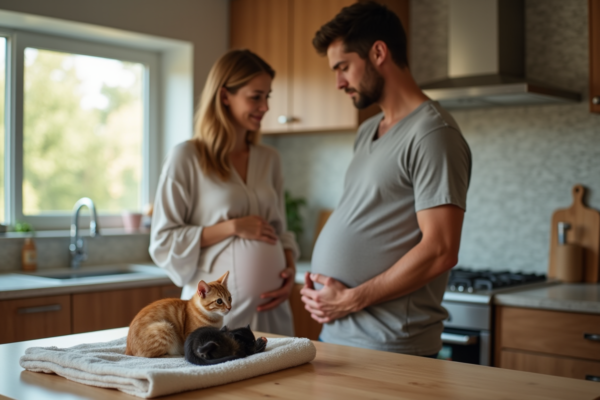 Couple enceinte observant des chatons dans la cuisine moderne