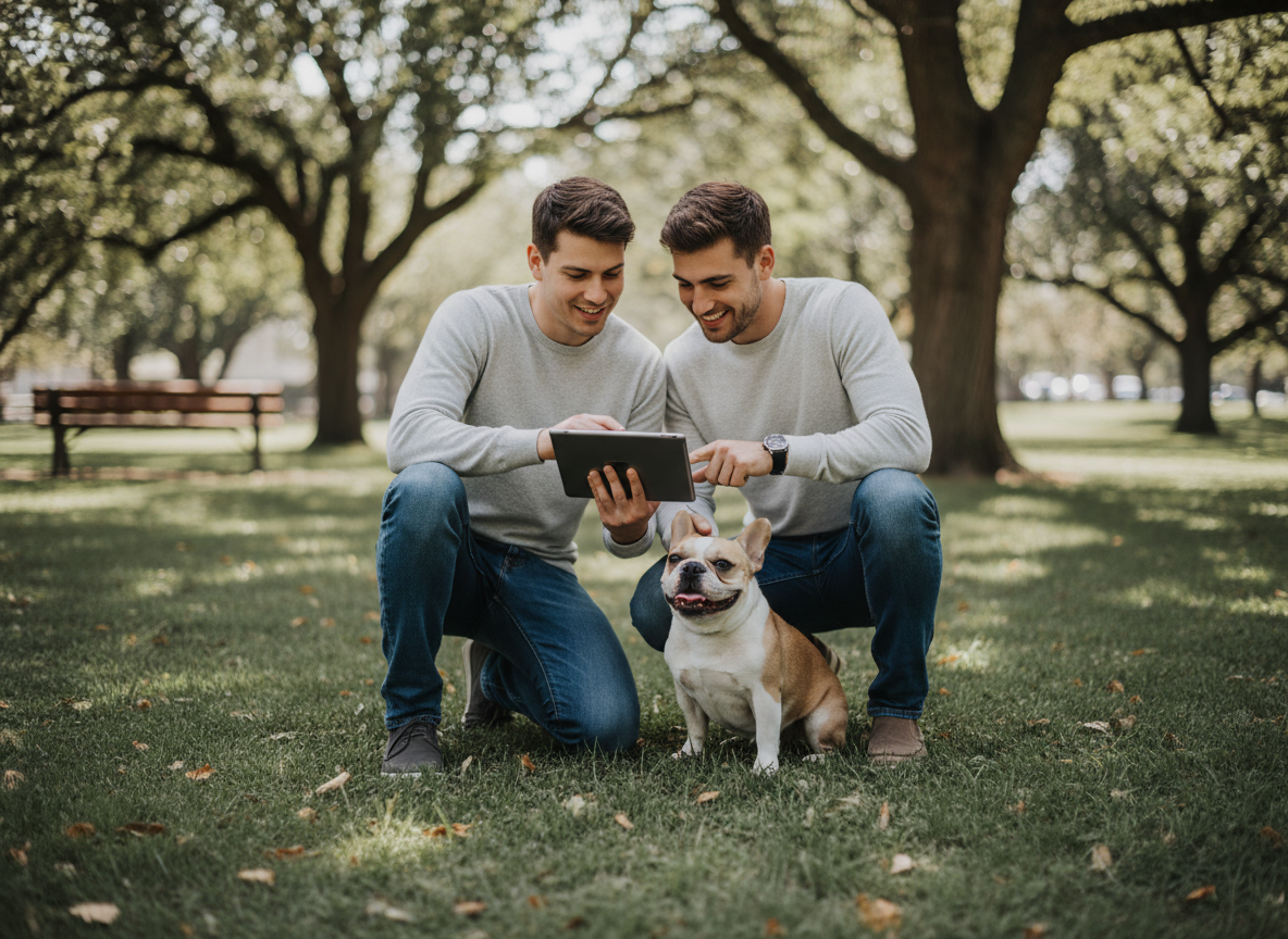 Jeune couple au parc avec leur bulldog et tablette