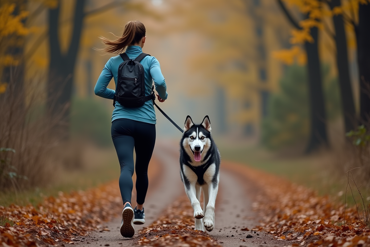 Jeune femme en course en forêt avec husky en laisse