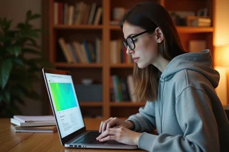 Jeune femme débutante découvrant un site web sur son ordinateur portable dans un bureau à domicile