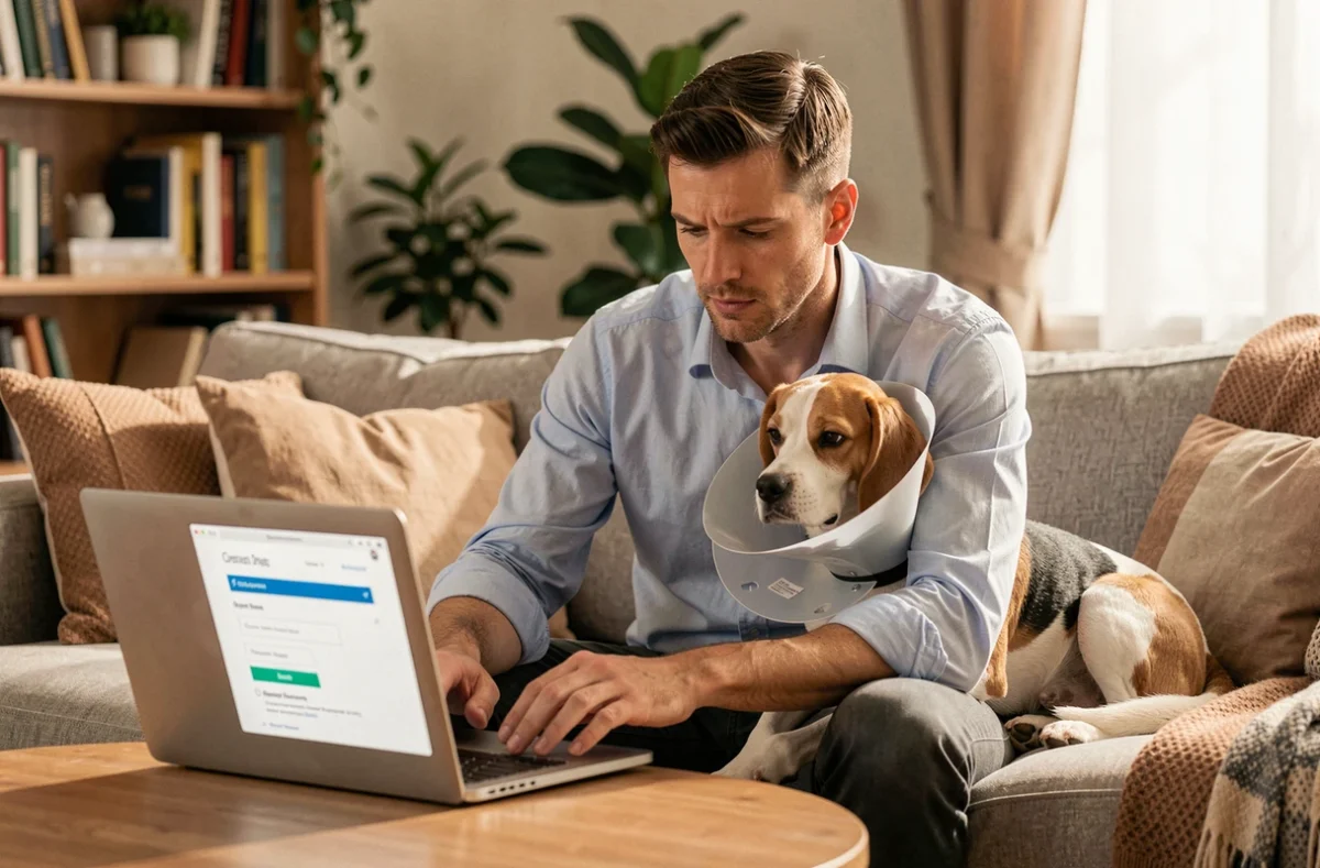 Propriétaire de chien soumettant une demande de remboursement en ligne sur son ordinateur portable après une grosse facture vétérinaire