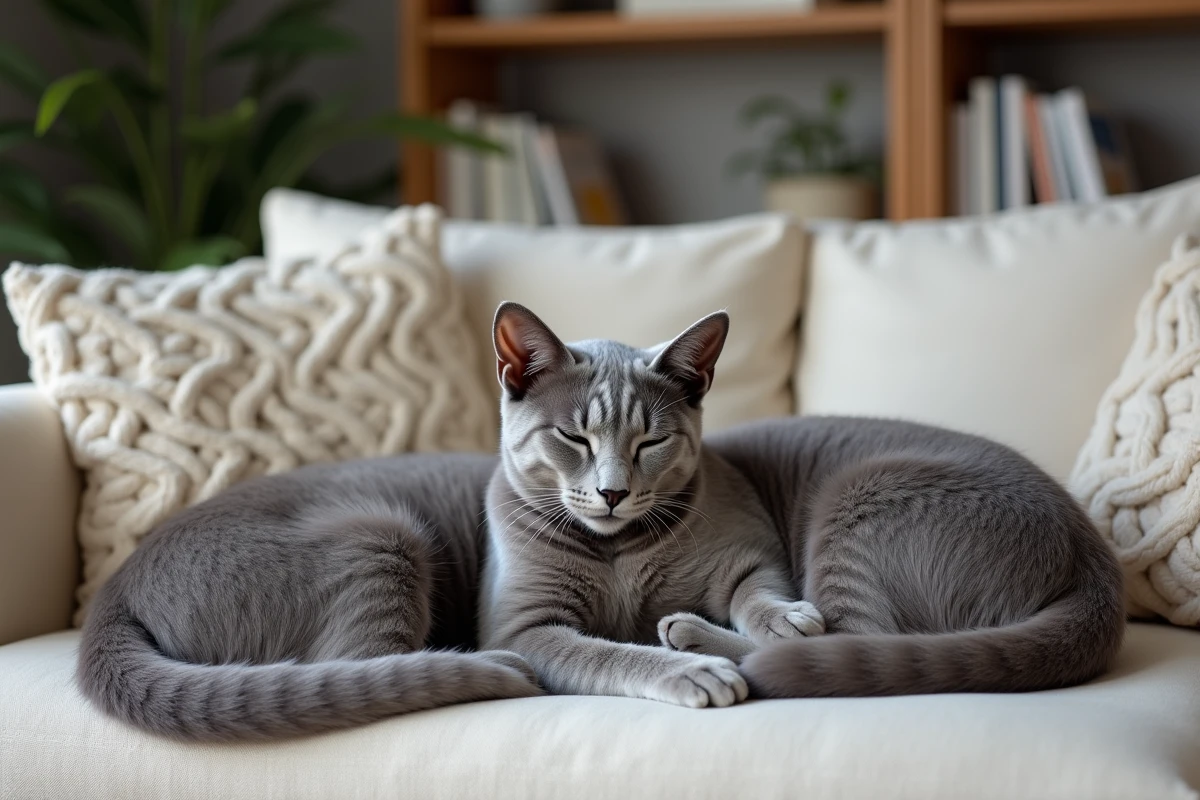 Deux chats Korat bleu argenté se toilettant mutuellement sur un canapé en lin dans un salon cosy