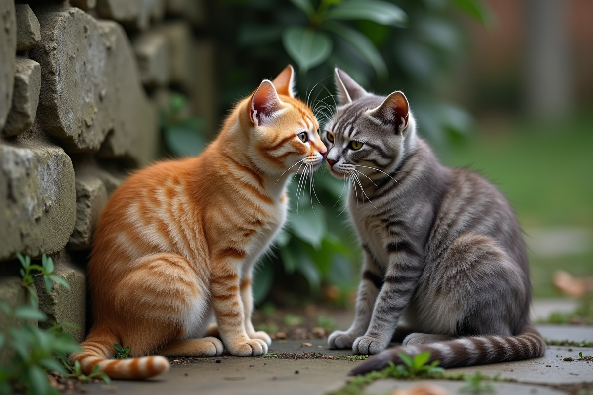 Deux chats errants se frottant la tête dehors