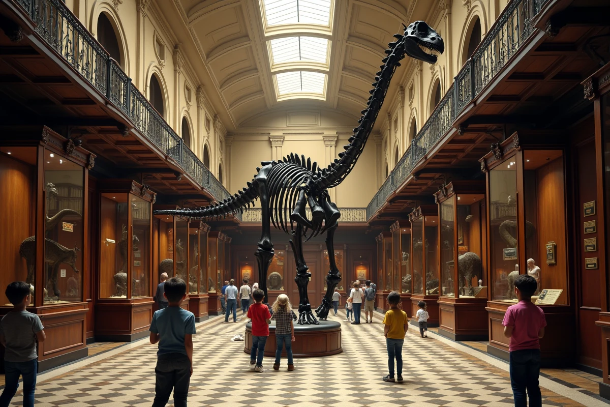 Squelette de Diplodocus dans le grand hall d'un muséum victorien avec des visiteurs admirant l'emblématique sauropode familier