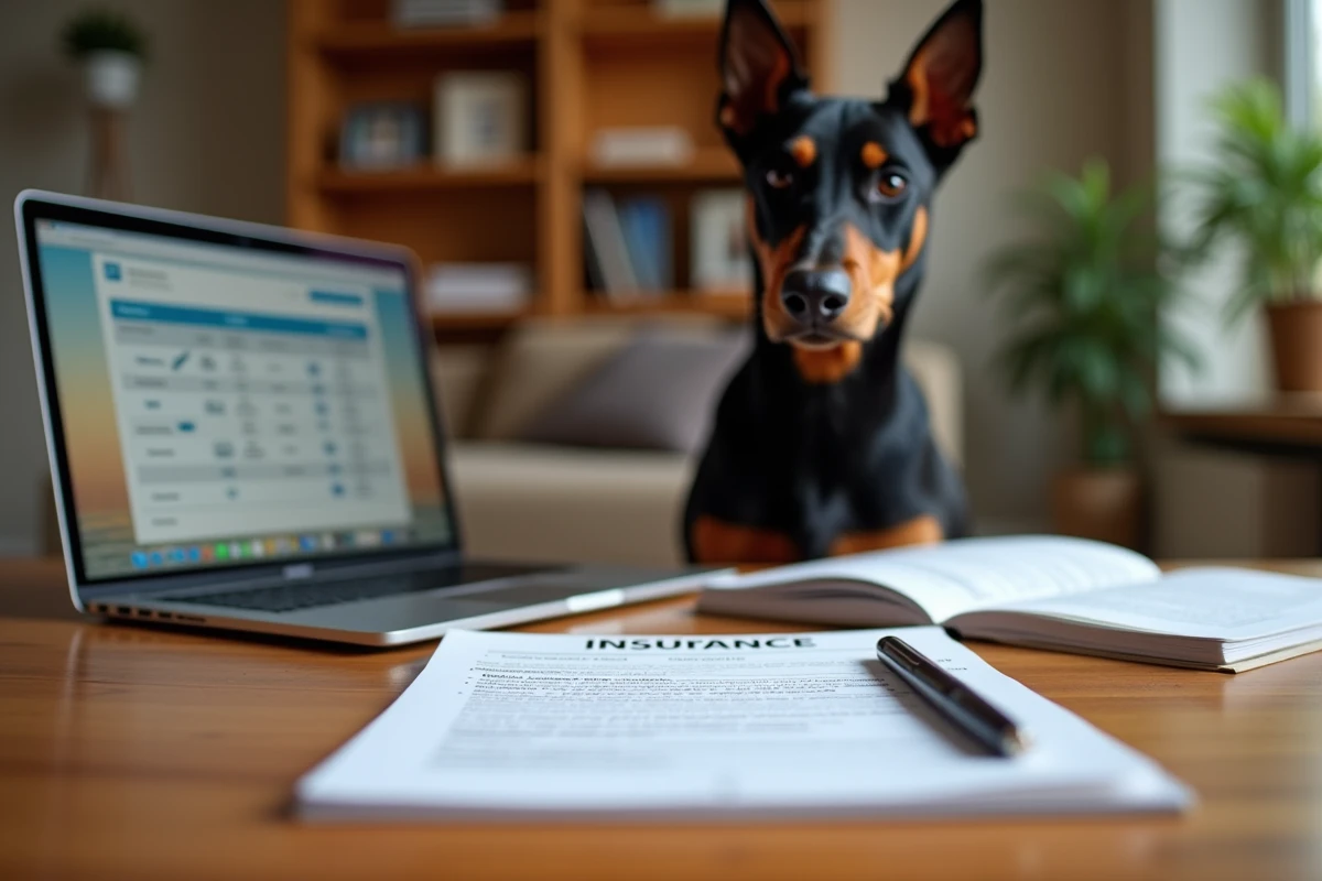Documents d'assurance chien et carnet de santé sur un bureau avec un Doberman en arrière-plan, comparatif assurance races à risques 2026