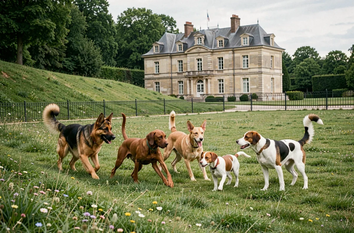 Meute de chiens jouant dans le vaste domaine verdoyant du Domaine de Chassefaim en Seine-et-Marne