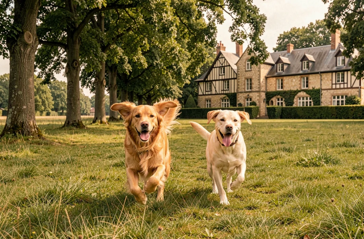 Deux chiens courant librement dans le parc arboré du Domaine d'Orphée, pension canine dans les Yvelines