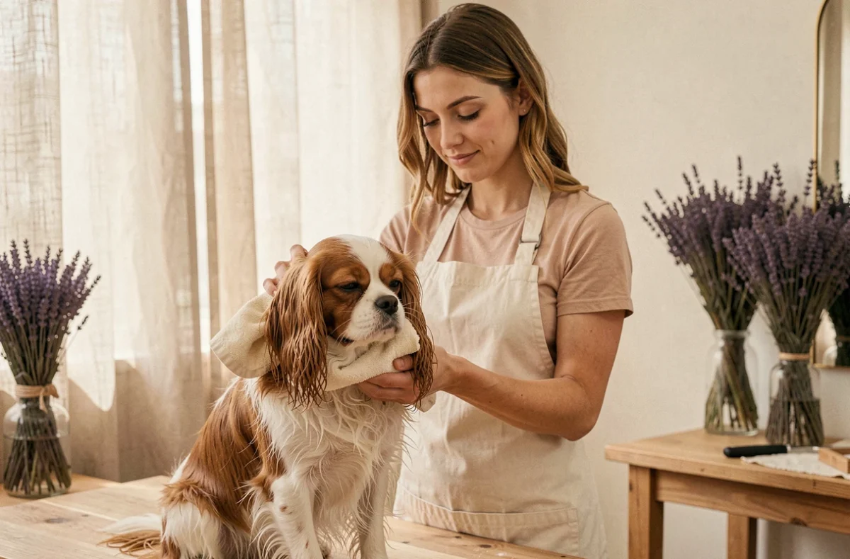 Toiletteuse séchant délicatement un Cavalier King Charles dans le salon Douceur Canine dans le Cher