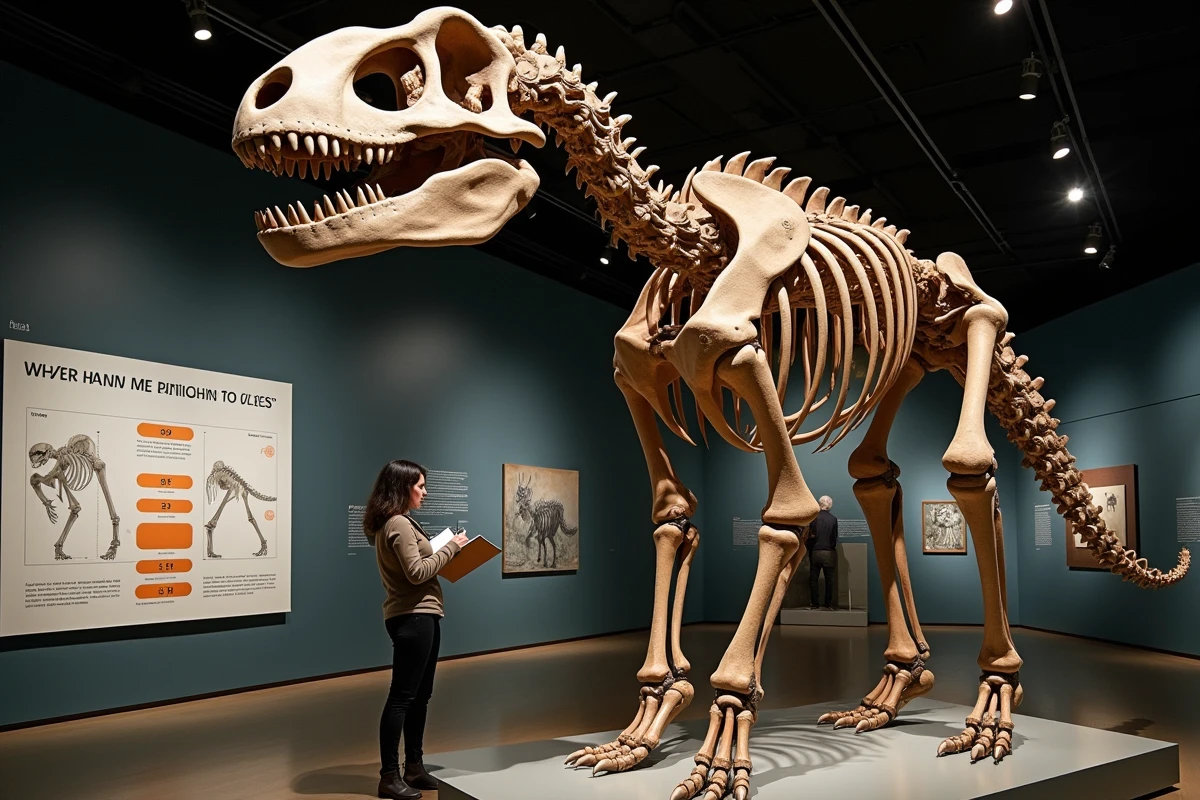 Squelette de Dreadnoughtus schrani avec des panneaux de comparaison de masse corporelle et une scientifique prenant des mesures détaillées
