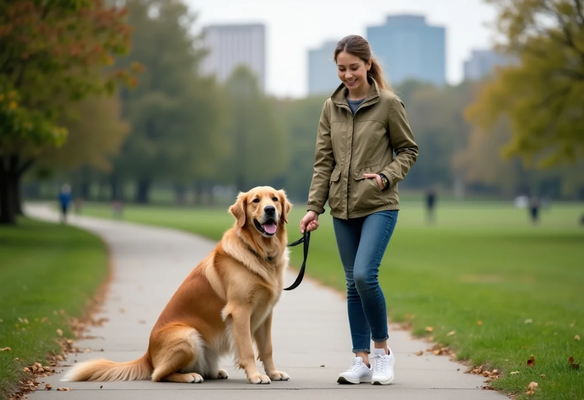 Dresseuse de chiens avec retriever dans un parc en plein air