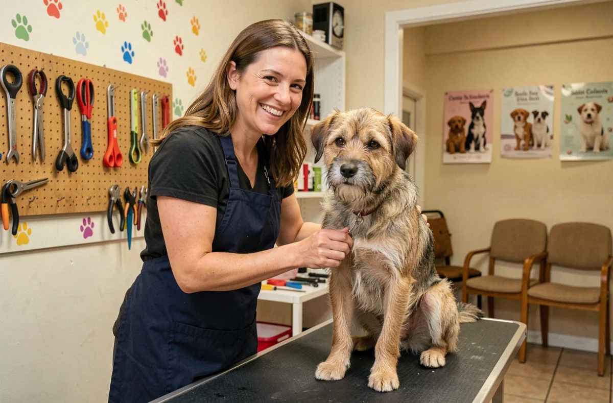 Toiletteuse coupant les griffes d'un chien croisé dans le salon Dun coup d'patte dans le Cher