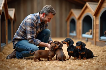 Eleveur de dachshunds avec chiots dans un chenil rustique