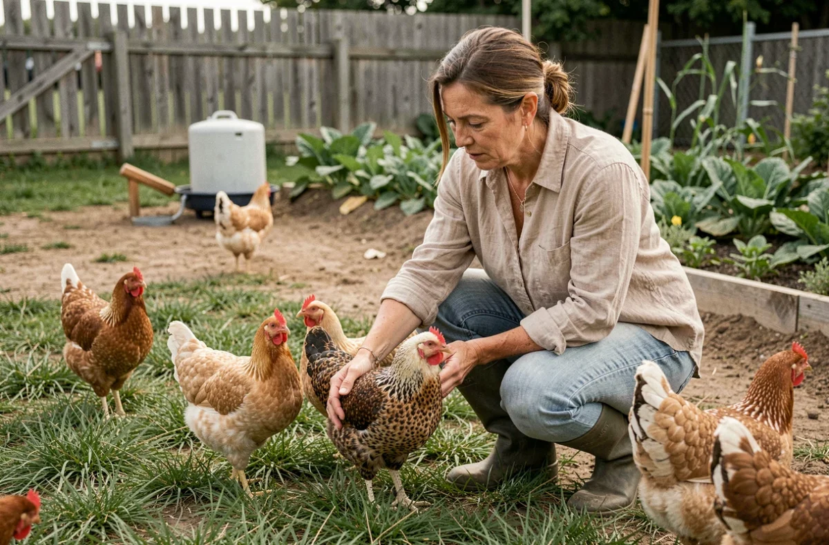 Éleveuse rurale tenant une vieille poule pondeuse dans son jardin avec un troupeau de poules d'âges variés