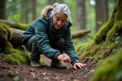 Spécialiste faune examinant des empreintes dans la forêt