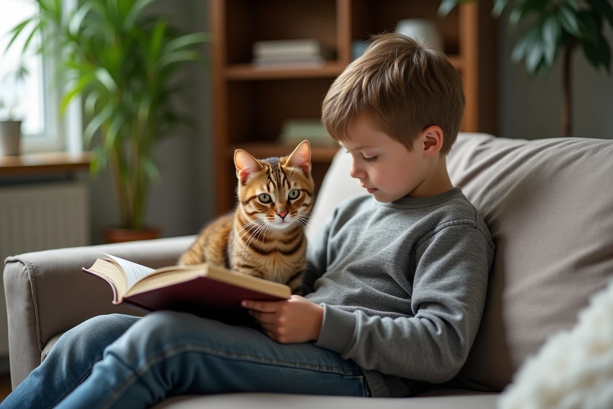 Garçon et chat sur un canapé dans un intérieur chaleureux