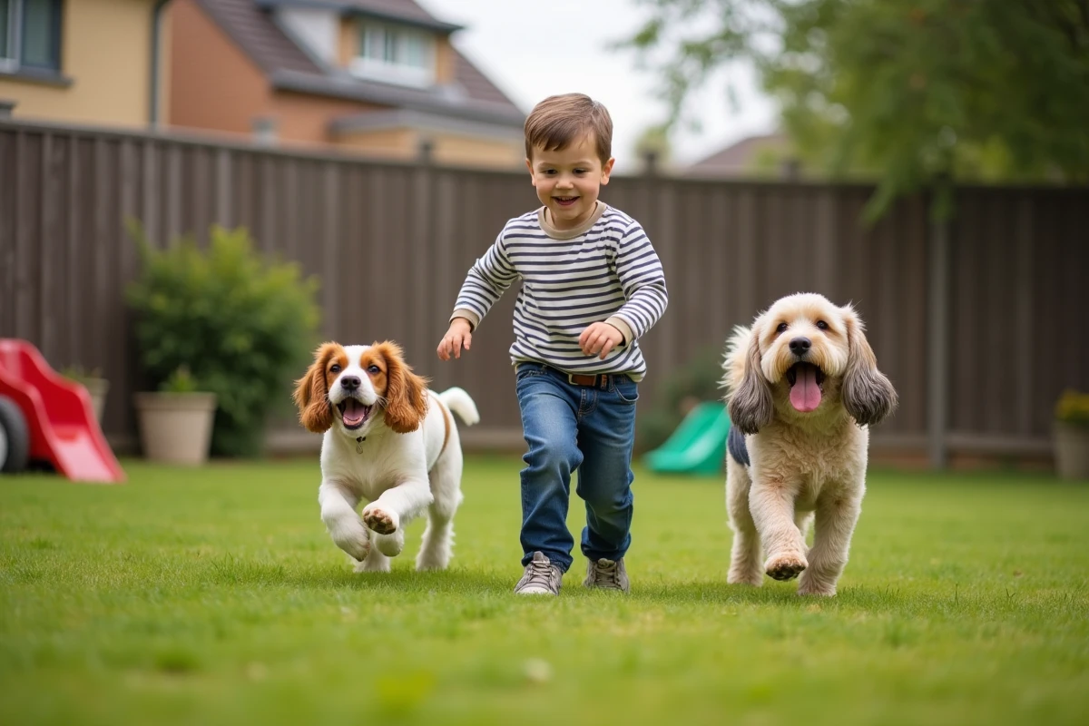 Enfant courant avec chiens dans un jardin ensoleille