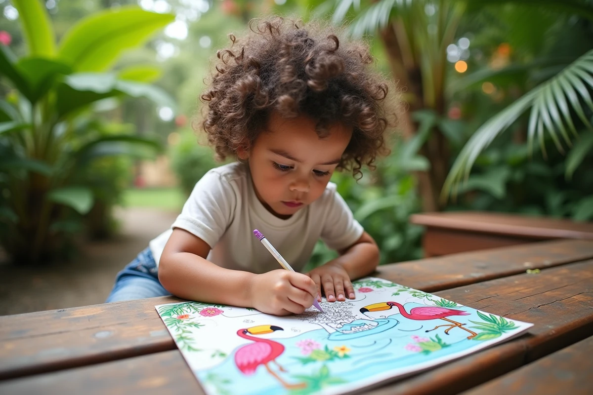 Jeune enfant coloriant un livre tropical en extérieur
