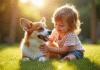 Jeune enfant caressant un corgi souriant dans un jardin ensoleille