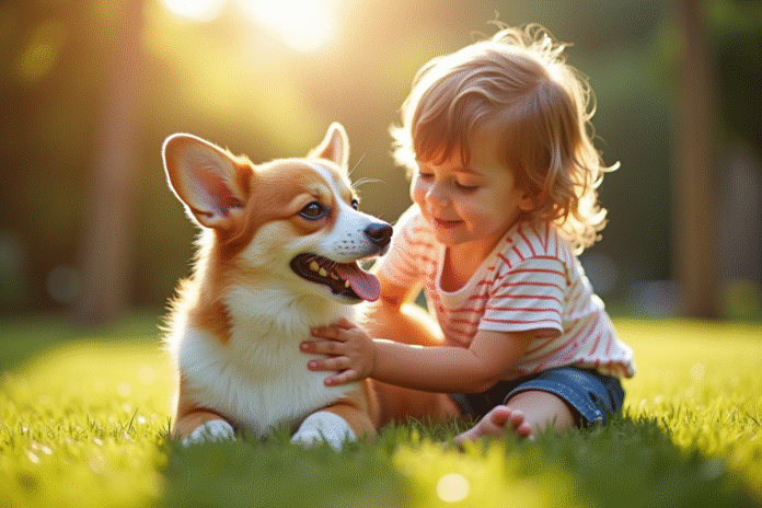 Jeune enfant caressant un corgi souriant dans un jardin ensoleille