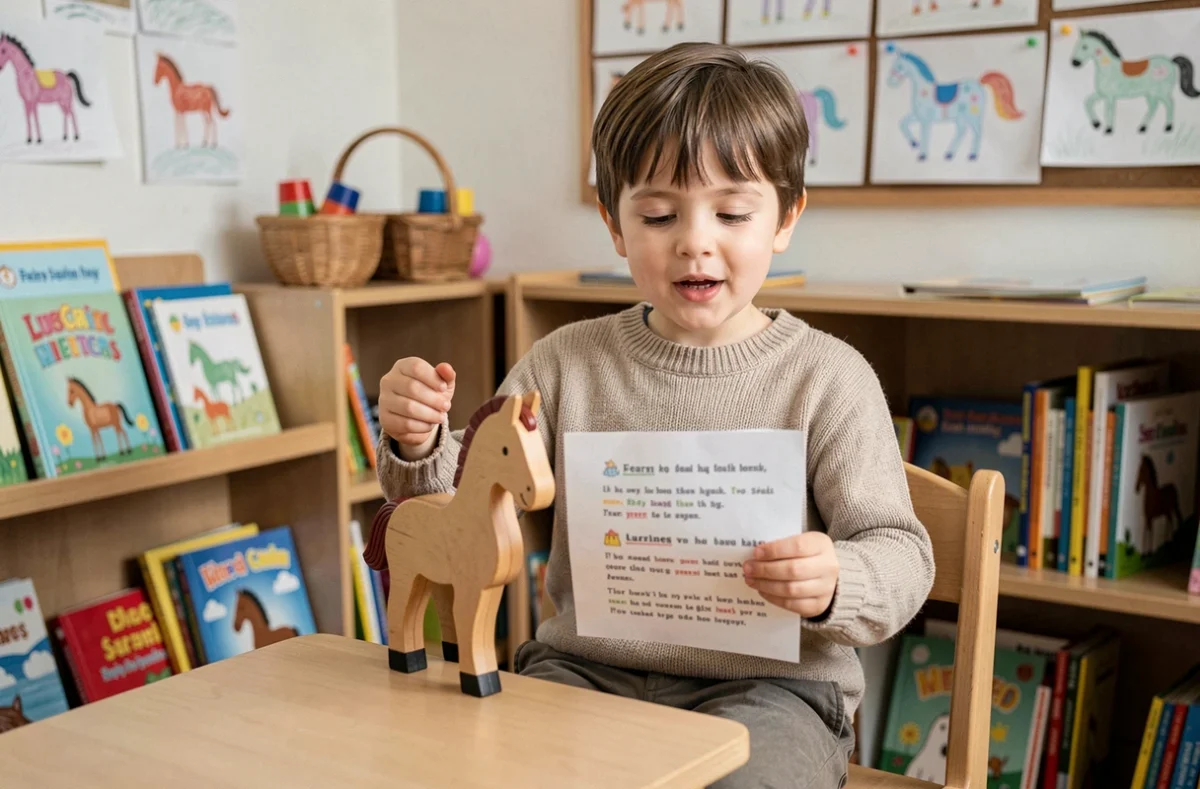 Jeune enfant de maternelle répétant une chanson du cheval avec un cheval en bois et une fiche illustrée